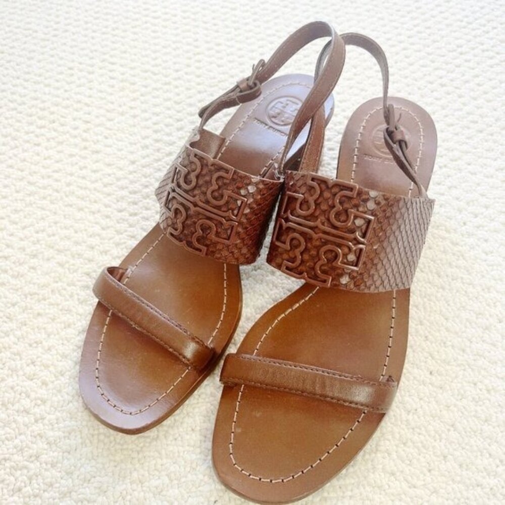 LIKE NEW Tory Burch Eleanor Brown Slingback Sandals Snakeskin Brown 9M